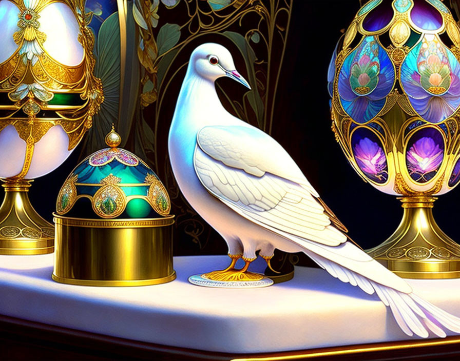 White Dove Beside Ornate Fabergé Eggs on Dark Floral Background