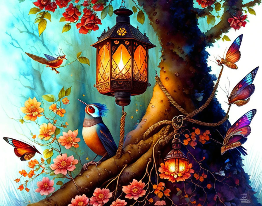 Colorful artwork: Glowing lantern on tree trunk with flowers, birds, and butterflies