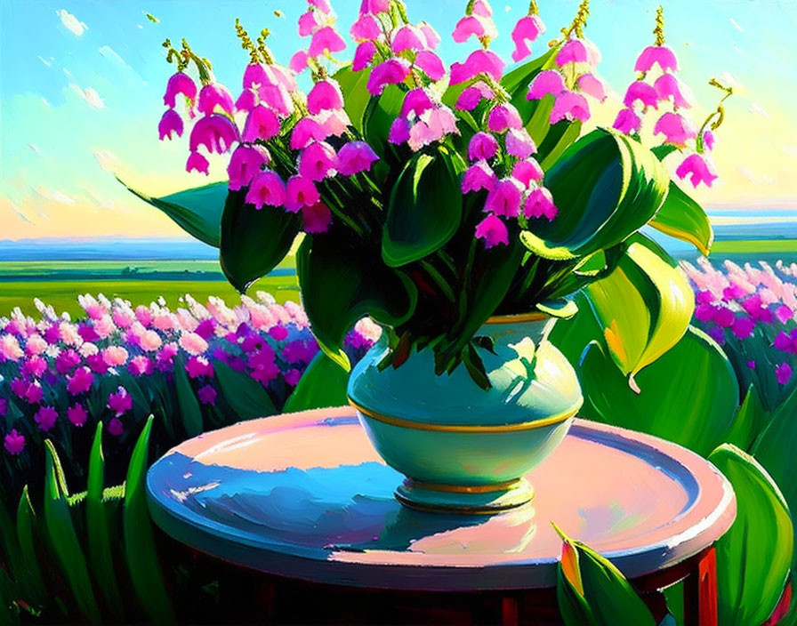 Pink flowers in vase on table with blue sky and field background