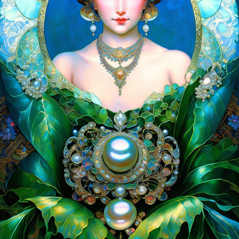 Detailed digital artwork: Woman with pale skin, red lips, pearl jewelry, blue and green backdrop