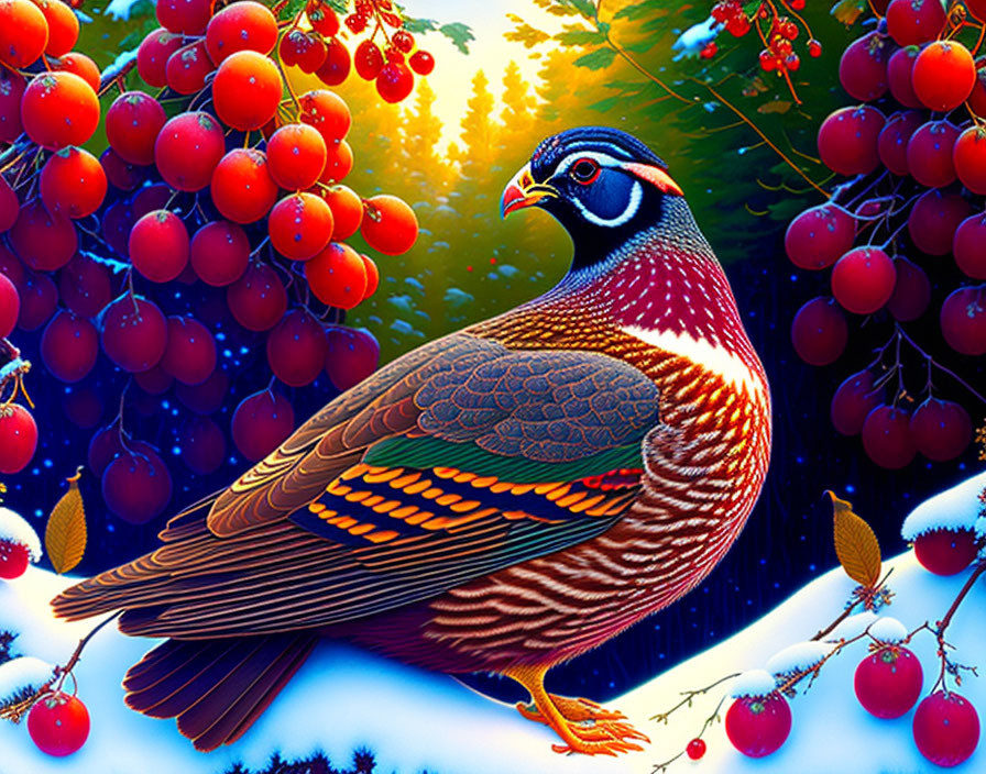 Colorful Partridge Among Red Berries in Snowy Forest