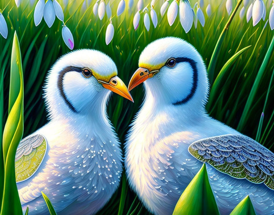 Illustrated birds with intricate white and blue feathers in green grass and white flowers