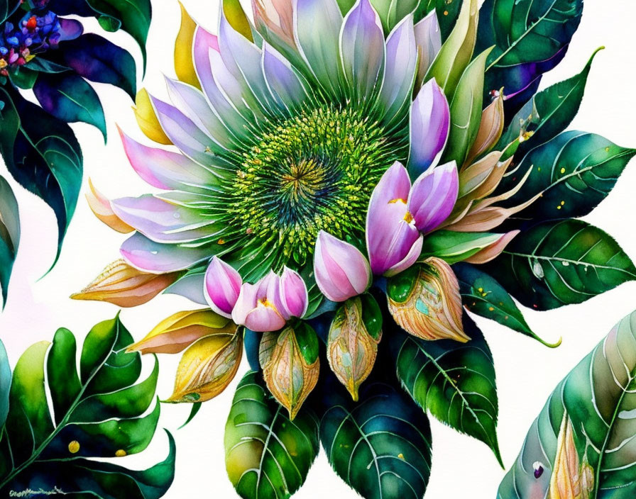 Colorful painting of exotic flower with green center and multi-colored petals on rich green background.