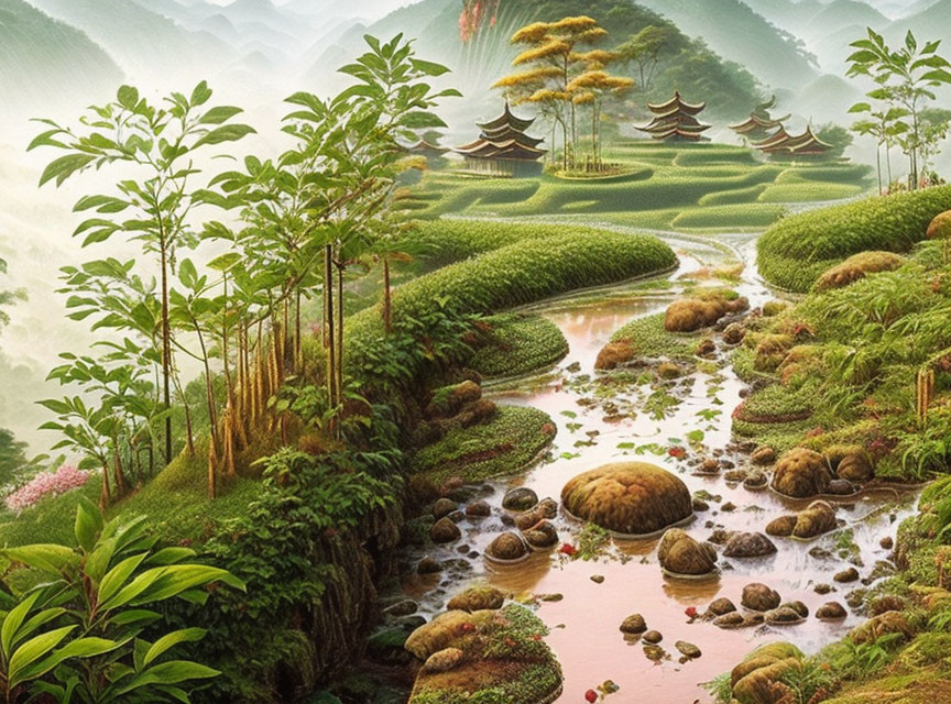 Tranquil landscape with stream, moss-covered rocks, greenery, and pagoda-style buildings