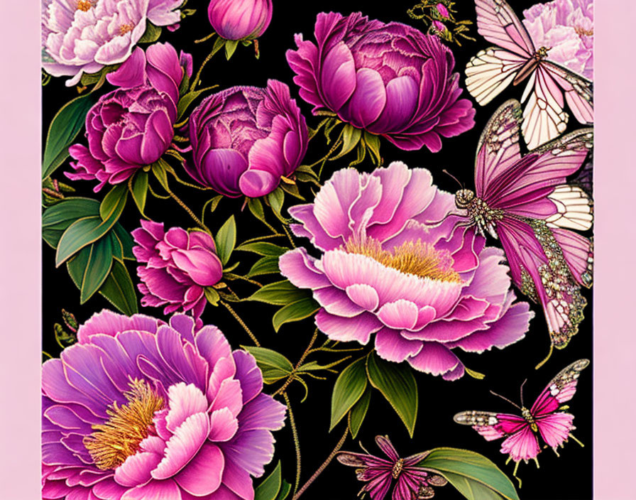 Colorful pink peonies and butterflies on dark backdrop with blooming and budding flowers.