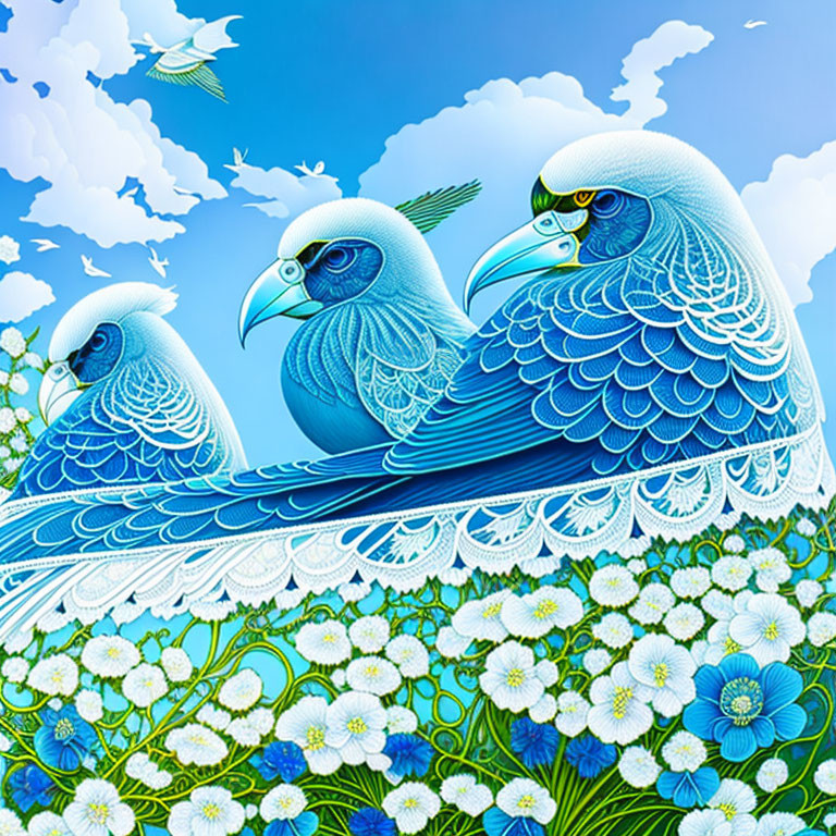 Stylized blue birds with white flowers in graphic art style