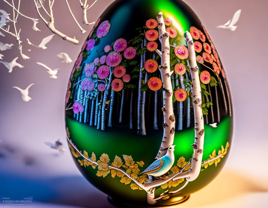 Intricate Floral and Bird Motifs on Ornate Egg Display