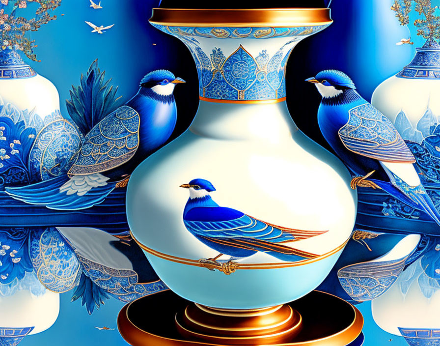 Blue and White Ornate Vase with Glossy Finish and Bird Patterns