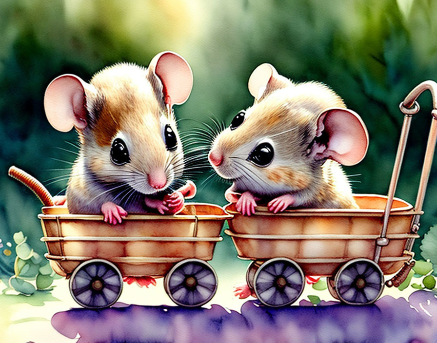 Cartoon mice in toy wagon with greenery and flowers