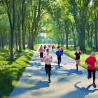 Vibrant painting of people jogging in sunny park with trees and lamppost
