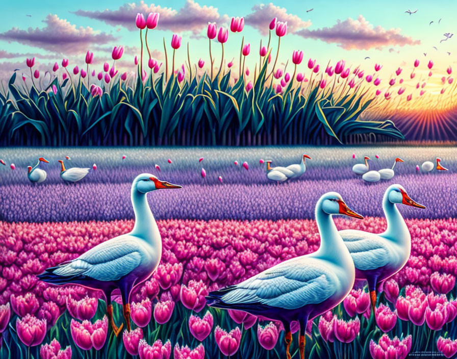 Colorful pink tulip field with white birds under purple sunset sky