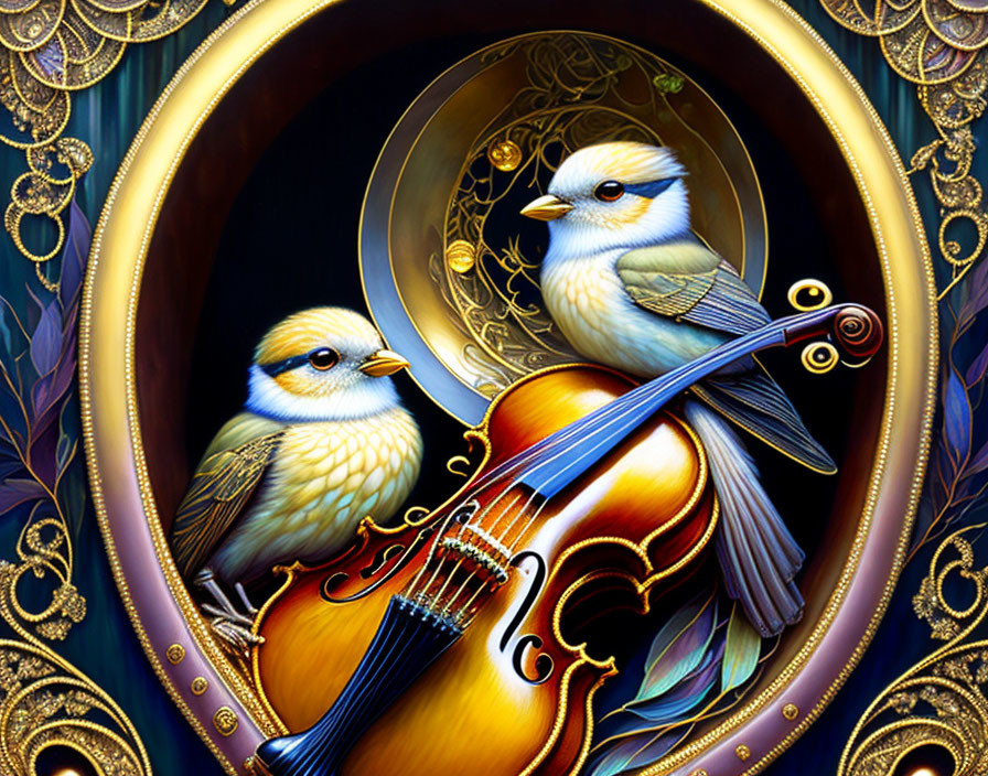 Stylized birds on violin with golden patterns and ornate background