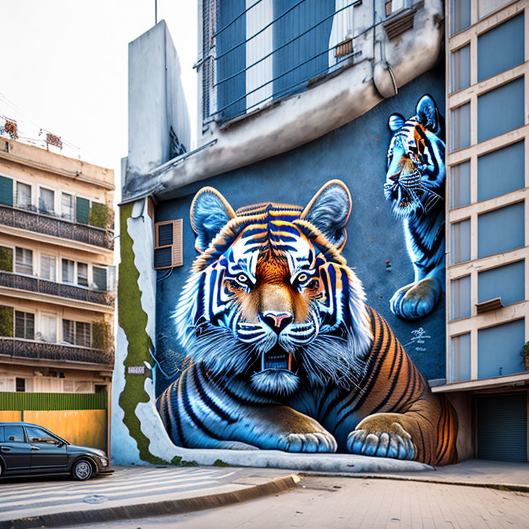 Realistic Tiger Mural on Urban Building Wall