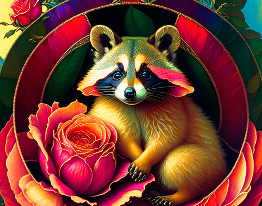 Colorful raccoon in red rose surrounded by floral patterns