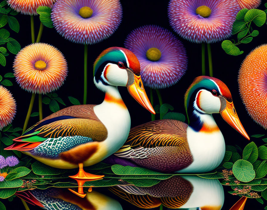 Vibrant ducks with colorful backdrop of flowers and leaves reflected in water