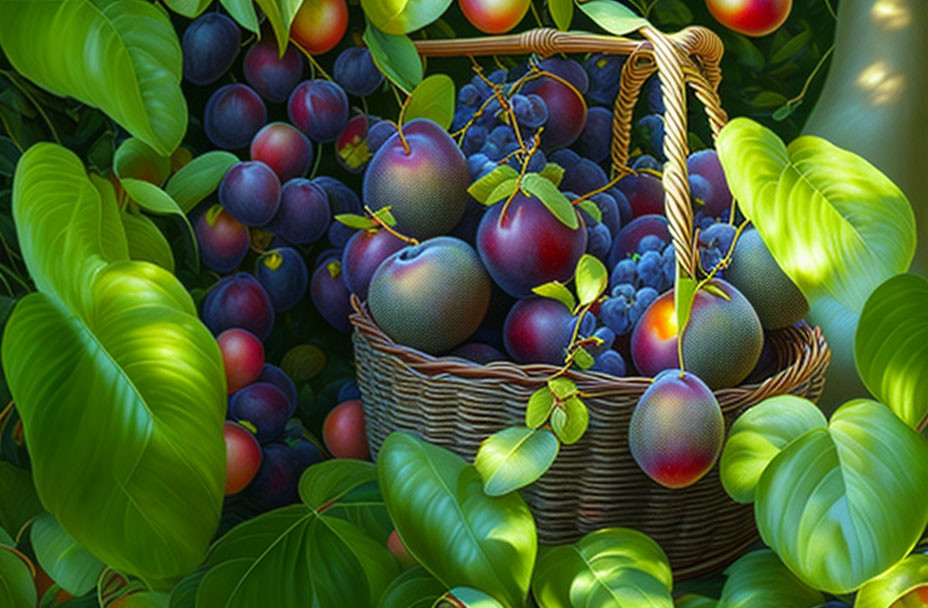 Ripe Plums in Basket Surrounded by Green Leaves