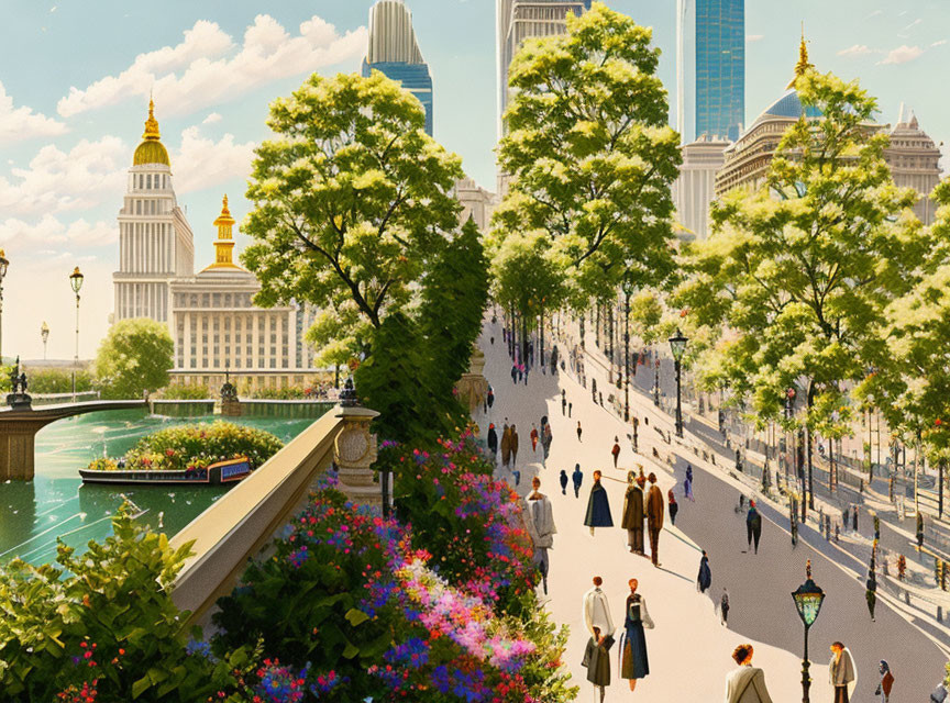 Urban riverside pathway with classical architecture and high-rise buildings.