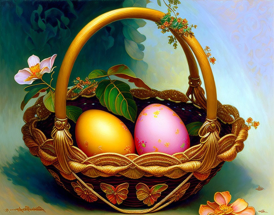 Ornate Easter eggs in wicker basket with flowers and butterflies