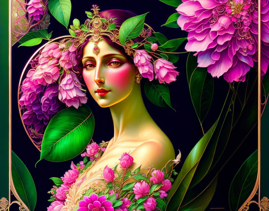 Vivid floral-themed woman illustration with intricate details