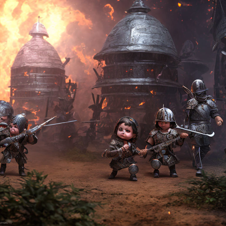 Child-sized warriors in medieval armor on smoky battlefield