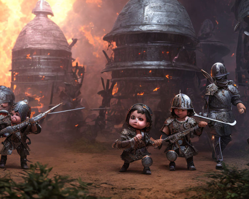 Child-sized warriors in medieval armor on smoky battlefield