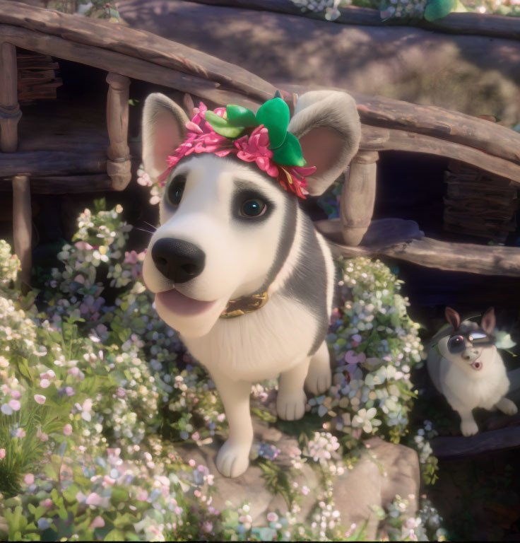 Cartoon dogs with flower wreath among flowers