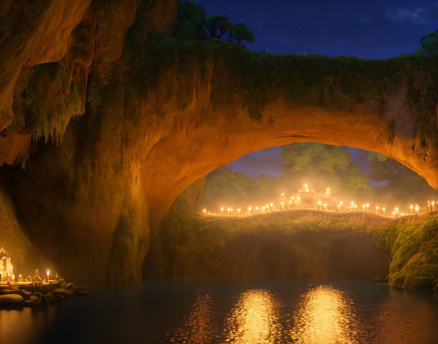 Mystical cave with golden lights, archway, and starry sky