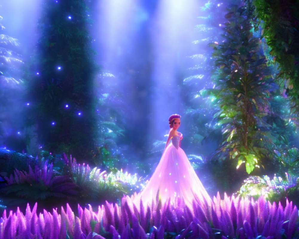 Female character in glowing dress in magical forest with purple flora