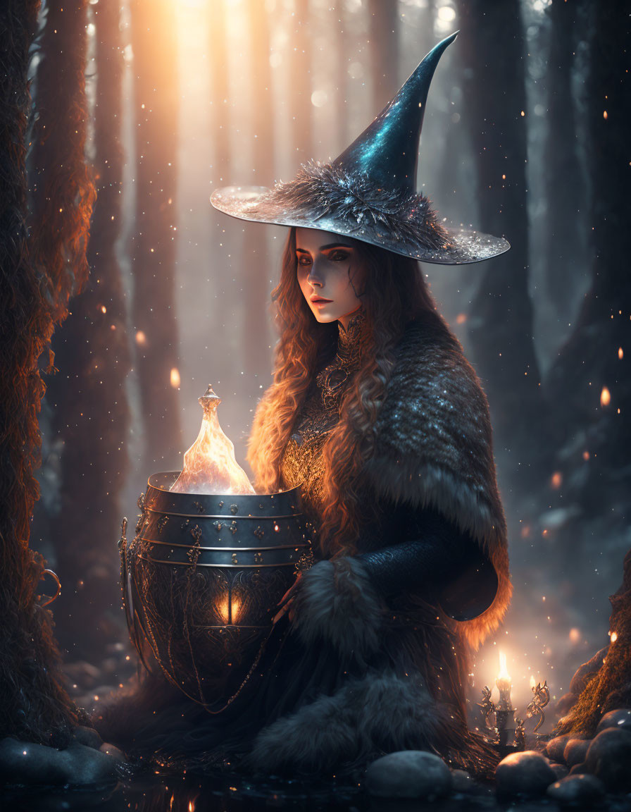 Mystical witch brewing potion in dark forest with radiant light and falling snow