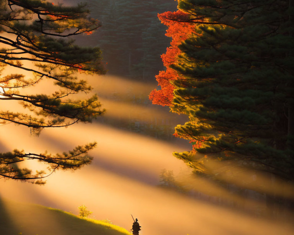 Misty Forest Morning: Autumn Tree and Deer in Sunlight