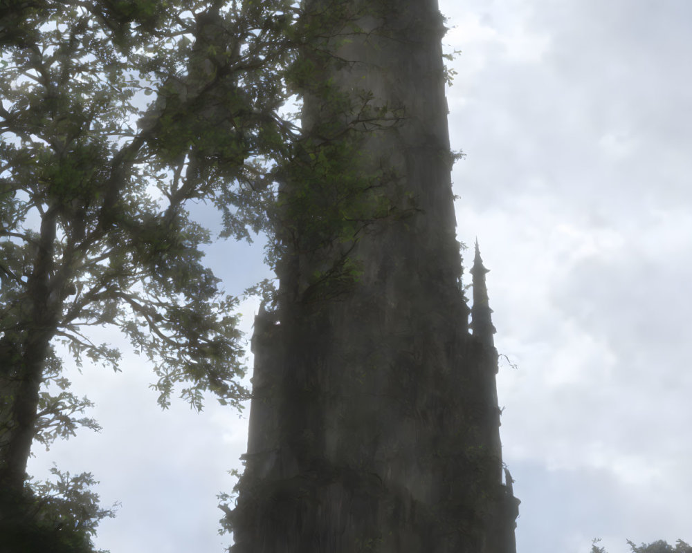 Ancient tower surrounded by greenery under cloudy sky