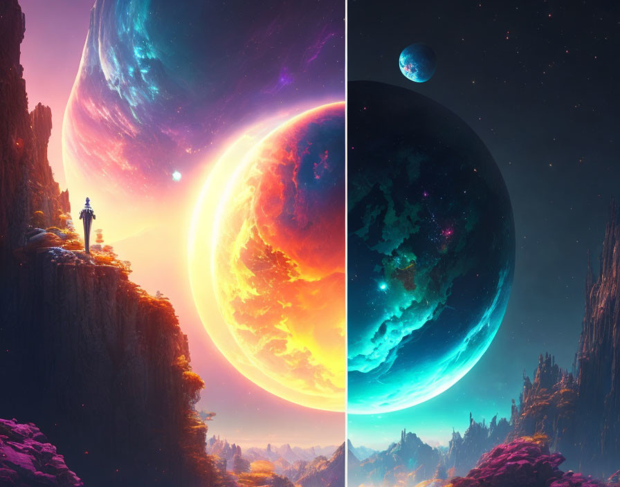 Colorful Sci-Fi Landscape: Person on Cliff, Giant Celestial Bodies, Day & Night Sky