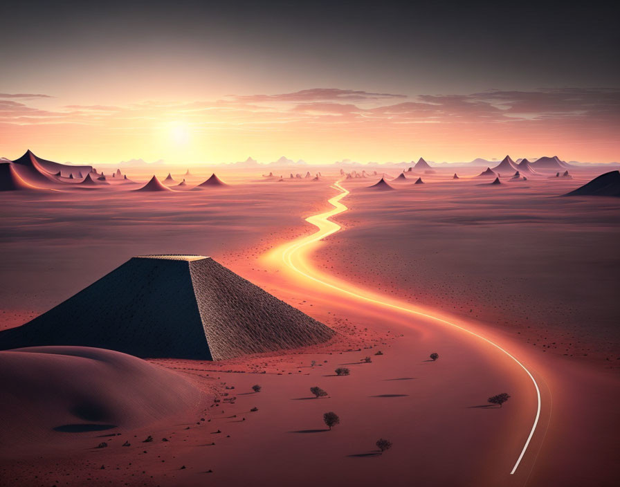 Surreal desert landscape: pyramid, dunes, illuminated path