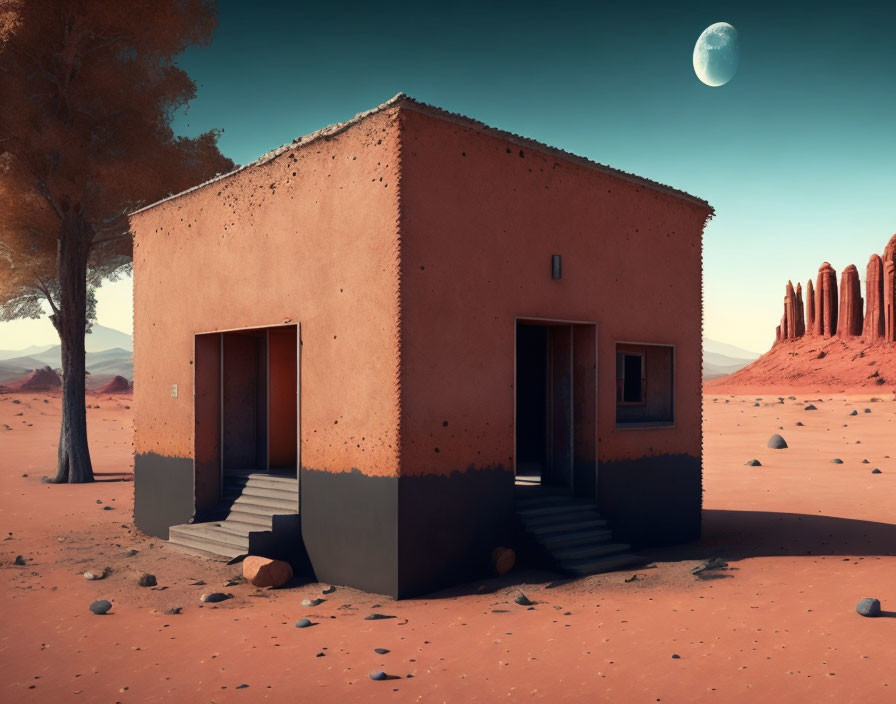 Flat-roofed desert house under Martian moon on red landscape