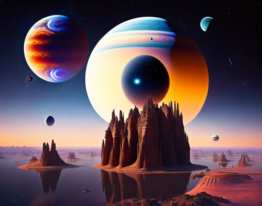 Surreal landscape with rocky spires, desert, and planets in sky