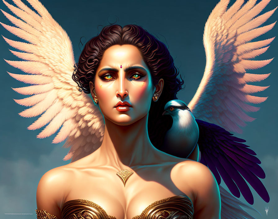 Digital artwork: Woman with angelic wings and bird, vibrant colors