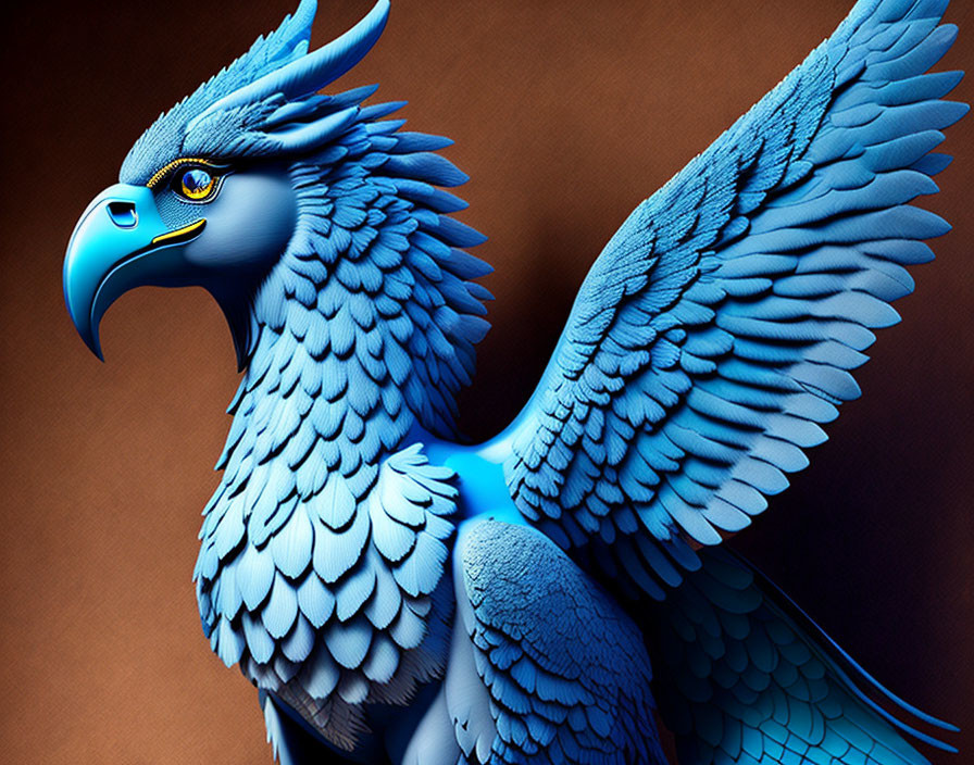 Majestic blue griffin with sharp eyes and wings on warm brown background