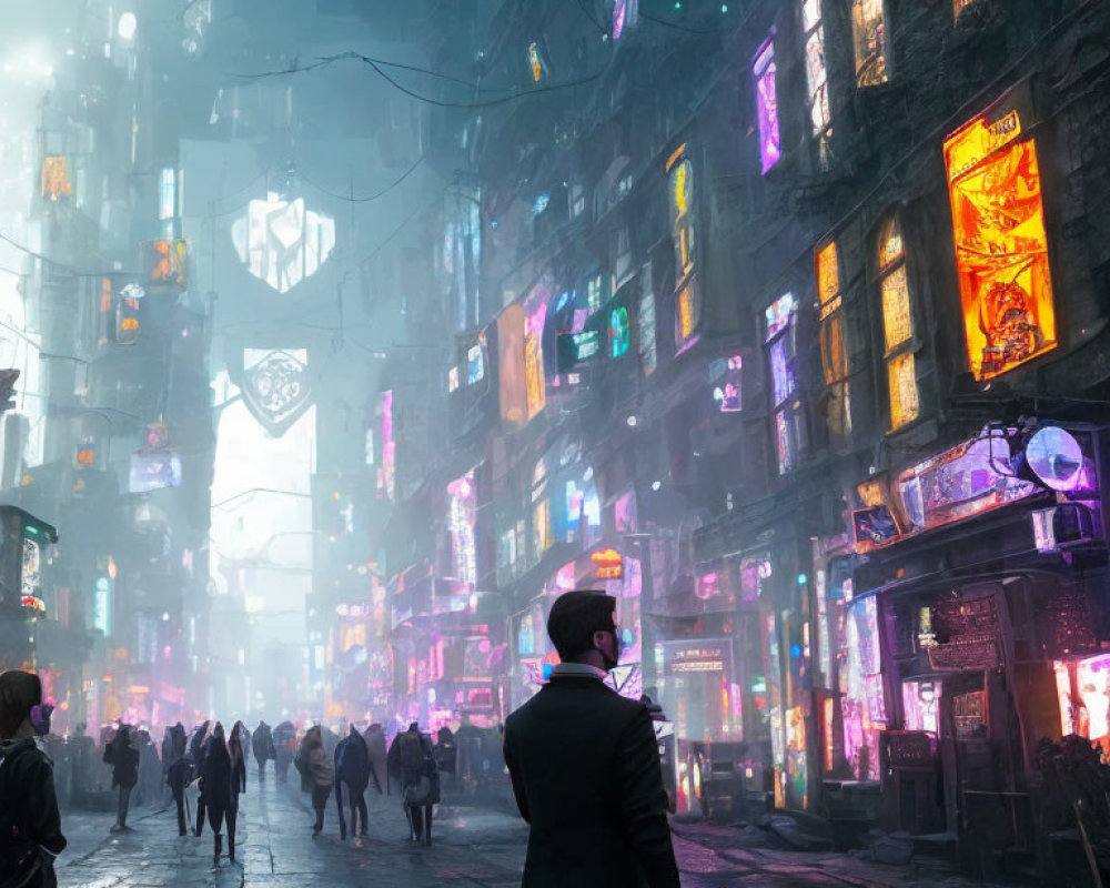 Man in suit gazes at neon-lit futuristic city street