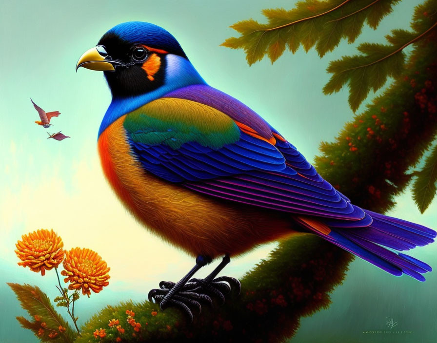 Colorful bird illustration with black head, blue wings, and rainbow body on branch with flowers.