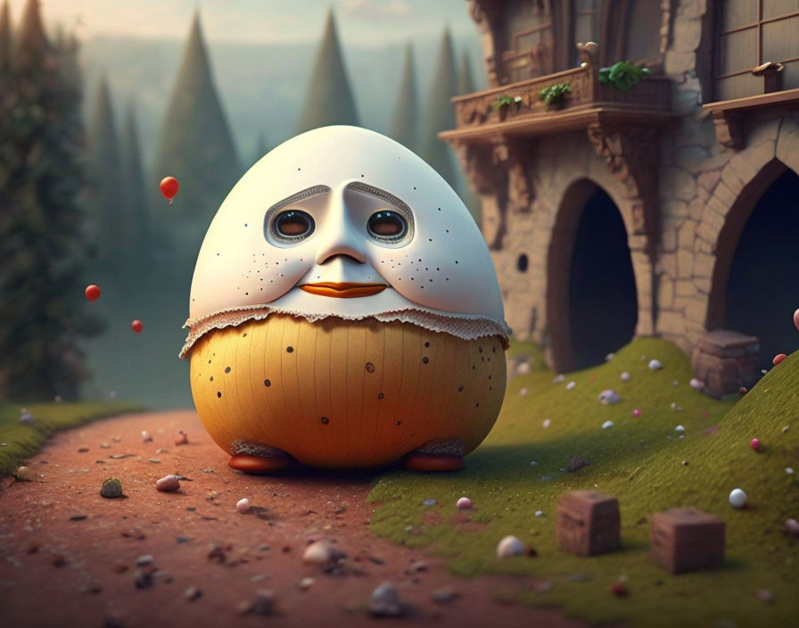 Anthropomorphic egg character in front of fairy-tale castle forest setting