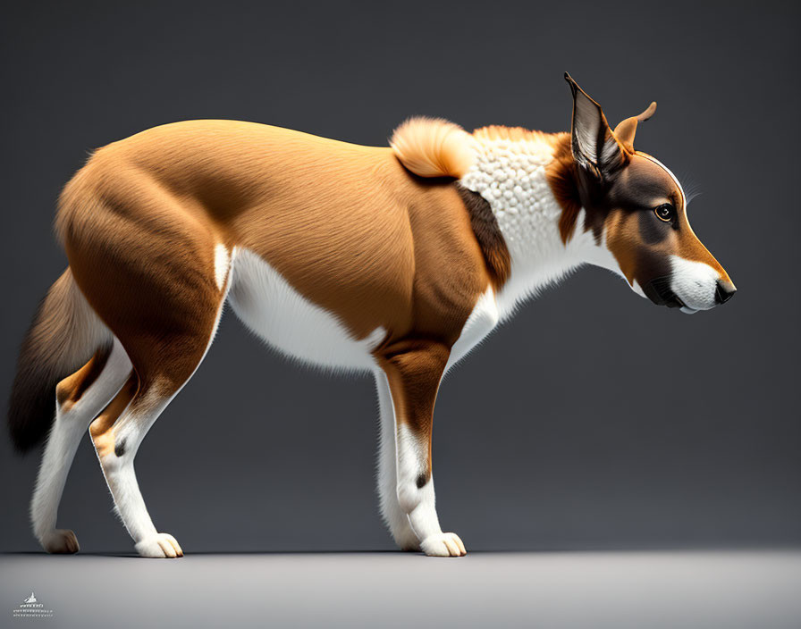 Stylized image of a dog with long legs and large head