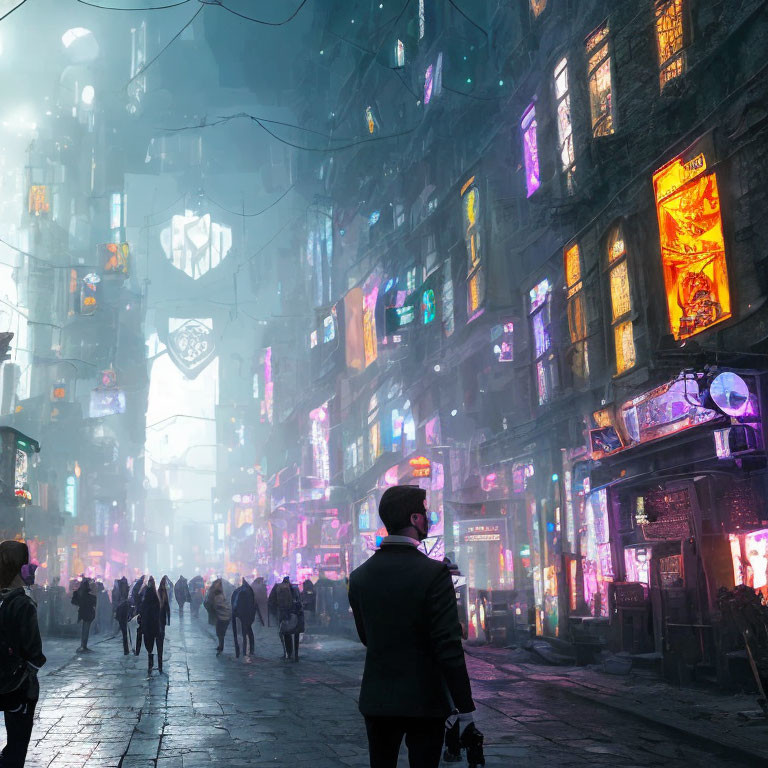 Man in suit gazes at neon-lit futuristic city street