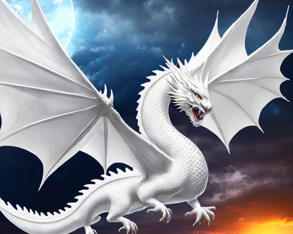 White Dragon with Outstretched Wings in Dramatic Sky with Moon and Sun