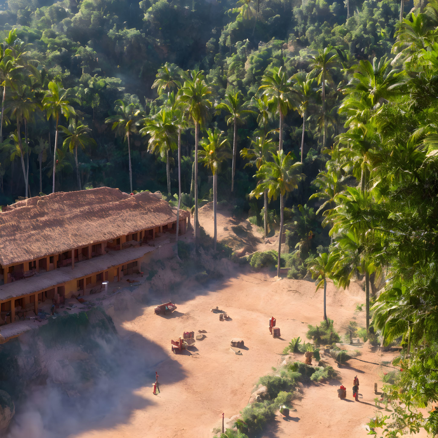 Tropical landscape with large building, palm trees, figures, and vehicles.