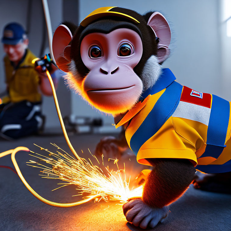 3D-animated monkey cutting wire with sparks, person in background