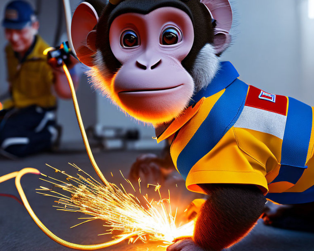 3D-animated monkey cutting wire with sparks, person in background