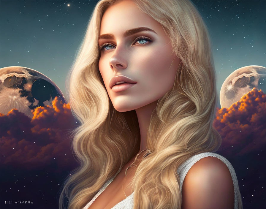 Blonde-haired woman with blue eyes in surreal moonlit scene