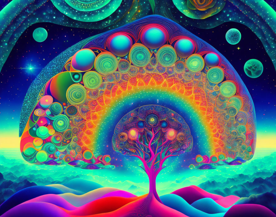 Colorful Psychedelic Tree Under Cosmic Sky with Planets and Stars