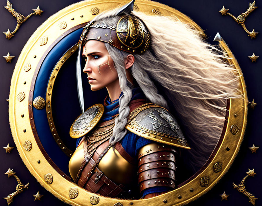 Detailed Illustration: Warrior Woman with Silver Hair, Blue Eyes, and Golden Armor in Decorative Frame