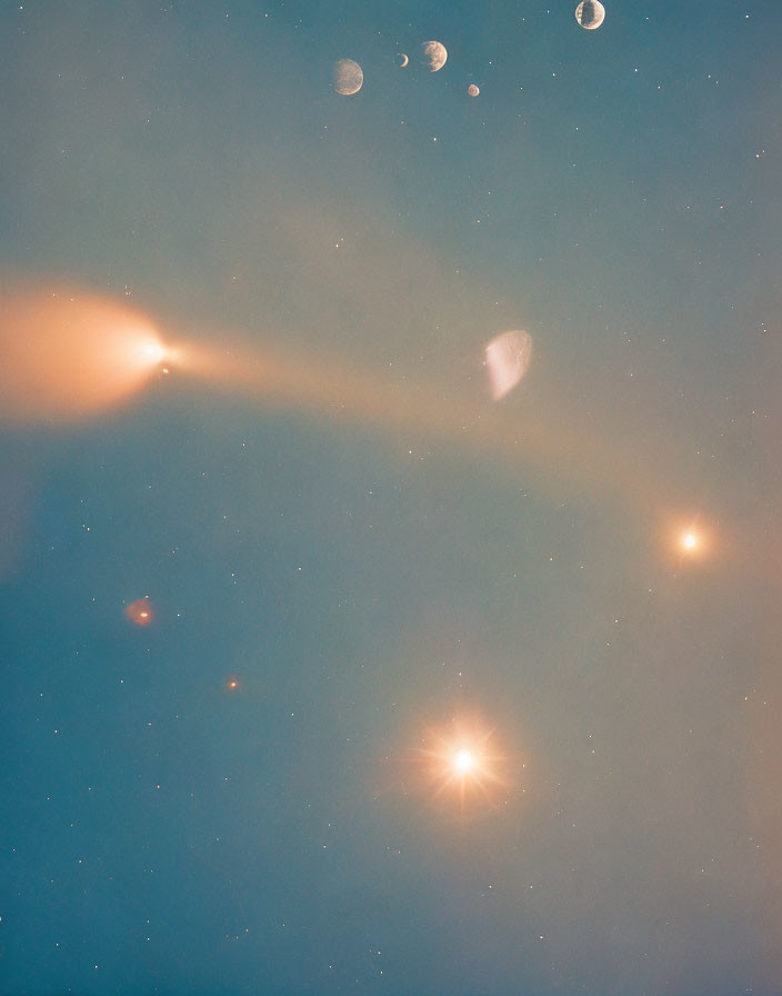 Starry Night Sky with Comet Tail and Moon Phases